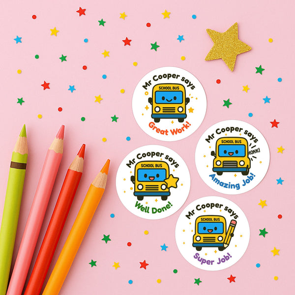 Personalised School Bus Teacher Reward Stickers – Custom Name Classroom Stickers