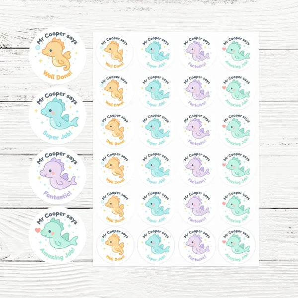 Personalised Seahorse Teacher Reward Stickers – Cute Classroom Praise Labels - Sticksy Prints Australia