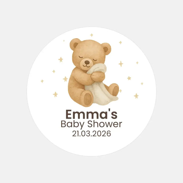 Personalised Sleeping Teddy Bear Baby Shower Stickers – Neutral Beige Watercolour Favour Labels - Sticksy Prints Australia