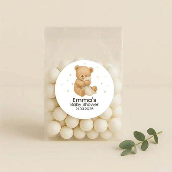 Personalised Sleeping Teddy Bear Baby Shower Stickers – Neutral Beige Watercolour Favour Labels - Sticksy Prints Australia