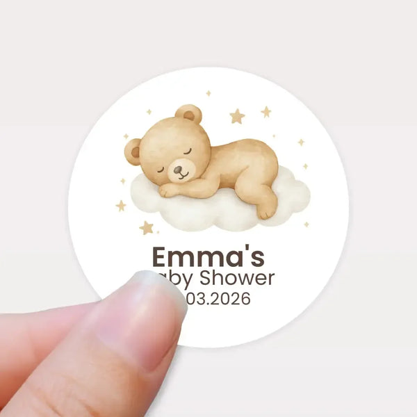 Personalised Sleeping Teddy Bear on Cloud Baby Shower Stickers – Neutral Watercolour Favour Labels - Sticksy Prints Australia