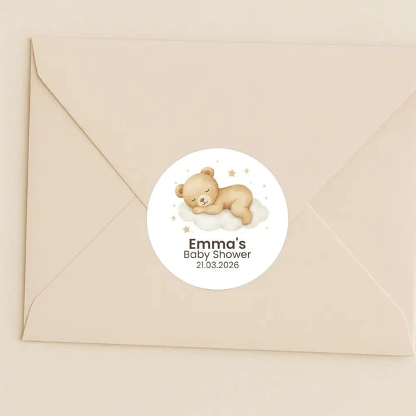 Personalised Sleeping Teddy Bear on Cloud Baby Shower Stickers – Neutral Watercolour Favour Labels - Sticksy Prints Australia