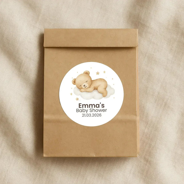 Personalised Sleeping Teddy Bear on Cloud Baby Shower Stickers – Neutral Watercolour Favour Labels - Sticksy Prints Australia