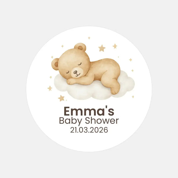 Personalised Sleeping Teddy Bear on Cloud Baby Shower Stickers – Neutral Watercolour Favour Labels - Sticksy Prints Australia