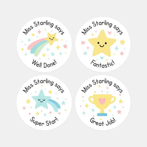 Personalised Star & Trophy Teacher Reward Stickers – Custom Name Classroom Praise Labels