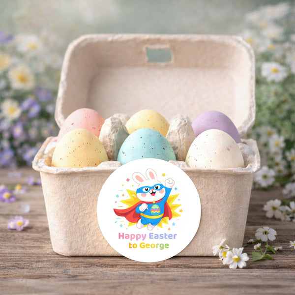 Personalised Superhero Easter Bunny Stickers | Custom Name Easter Stickers for Kids | Easter Gift Labels