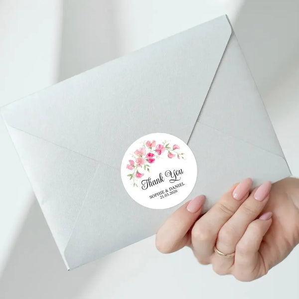 Personalised Sweet Pea Wedding Thank You Stickers | Pink Floral Favour Labels - Sticksy Prints Australia