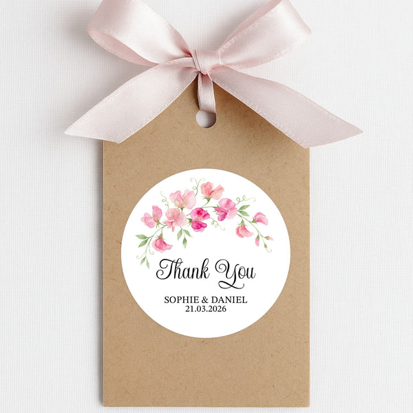 Personalised Sweet Pea Wedding Thank You Stickers | Pink Floral Favour Labels
