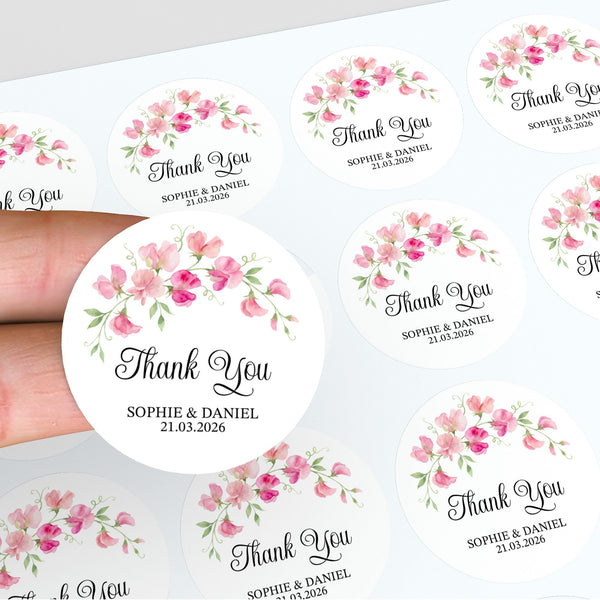 Personalised Sweet Pea Wedding Thank You Stickers | Pink Floral Favour Labels