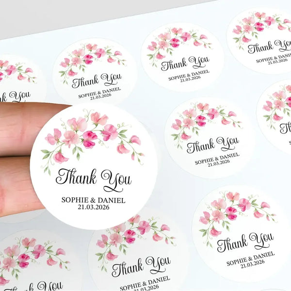 Personalised Sweet Pea Wedding Thank You Stickers | Pink Floral Favour Labels - Sticksy Prints Australia