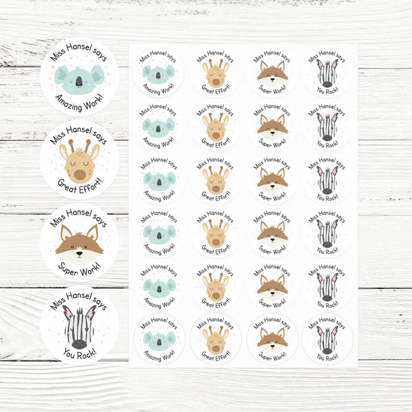 Personalised Teacher Reward Stickers Custom Name Label Cute Pastel Animals
