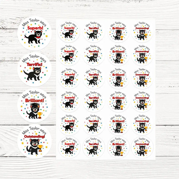 Personalised Teacher Reward Stickers Custom Name Label Tasmanian Devil