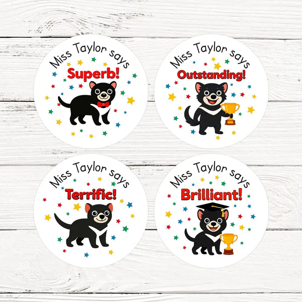 Personalised Teacher Reward Stickers Custom Name Label Tasmanian Devil