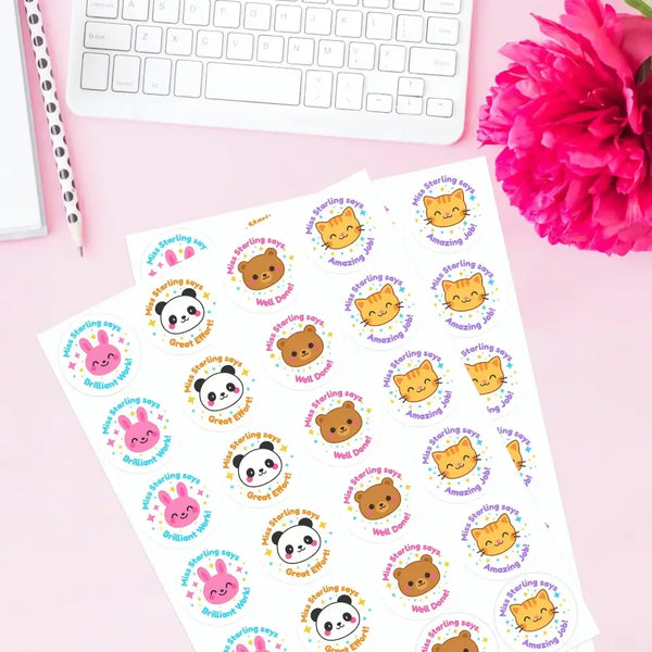 Personalised Teacher Reward Stickers – Cute Animal Classroom Praise Labels (Bunny, Cat, Panda, Bear) - Sticksy Prints Australia