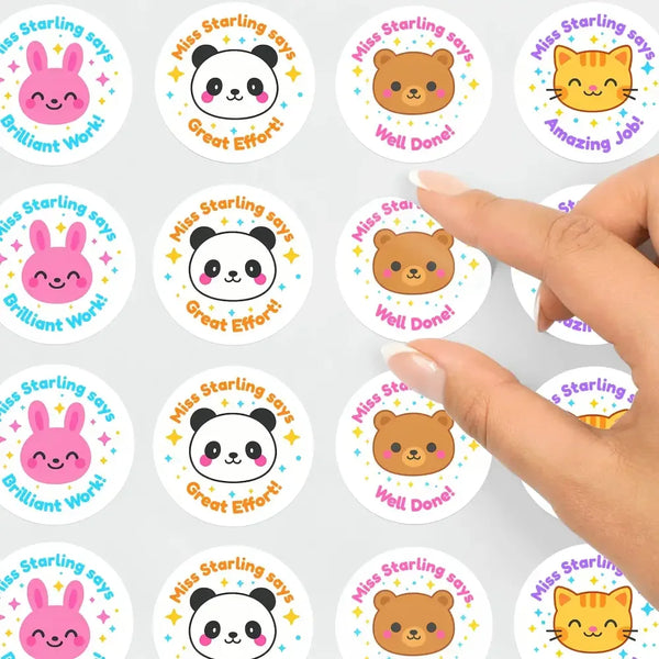 Personalised Teacher Reward Stickers – Cute Animal Classroom Praise Labels (Bunny, Cat, Panda, Bear) - Sticksy Prints Australia