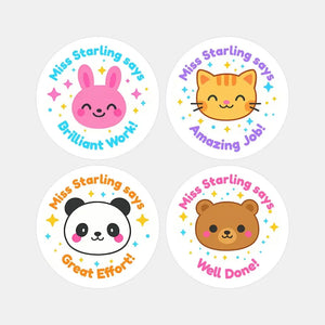 Personalised Teacher Reward Stickers – Cute Animal Classroom Praise Labels (Bunny, Cat, Panda, Bear)