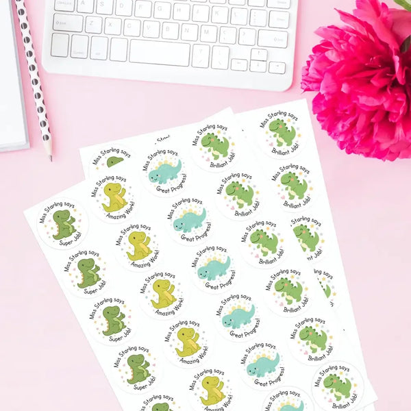 Personalised Teacher Reward Stickers – Cute Dinosaur Classroom Praise & Progress Labels - Sticksy Prints Australia