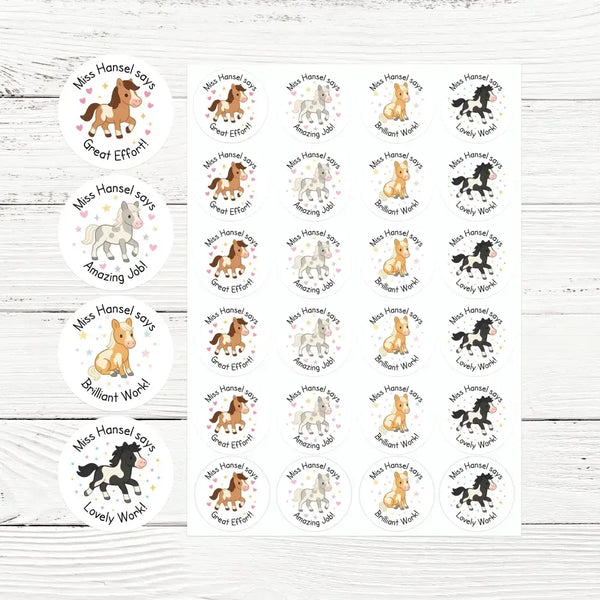 Personalised Teacher Reward Stickers – Cute Horse & Pony Classroom Praise Labels - Sticksy Prints Australia