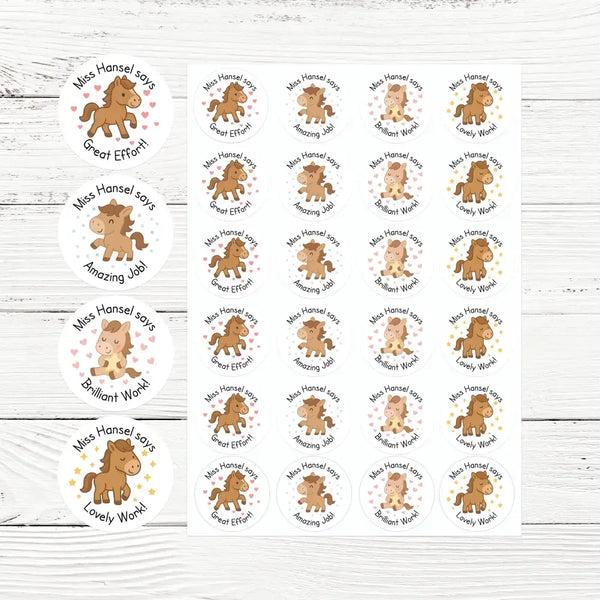 Personalised Teacher Reward Stickers – Cute Pony & Horse Classroom Praise Labels - Sticksy Prints Australia
