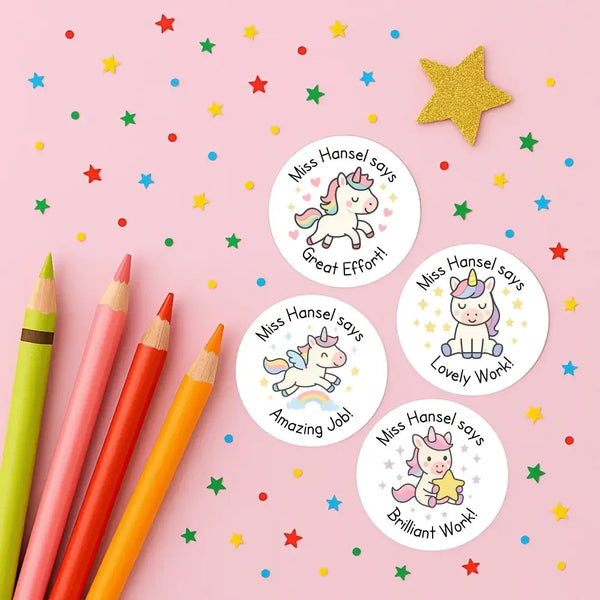 Personalised Teacher Reward Stickers – Cute Unicorn Classroom Praise & Motivation Labels - Sticksy Prints Australia