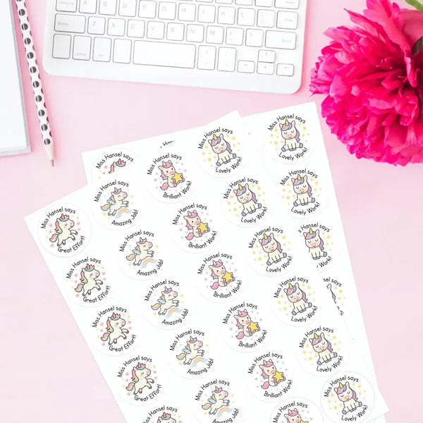 Personalised Teacher Reward Stickers – Cute Unicorn Classroom Praise & Motivation Labels - Sticksy Prints Australia