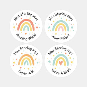 Personalised Teacher Reward Stickers – Hand-Drawn Pastel Rainbow Classroom Praise Labels