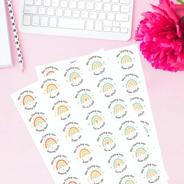 Personalised Teacher Reward Stickers – Hand-Drawn Pastel Rainbow Classroom Praise Labels - Sticksy Prints Australia