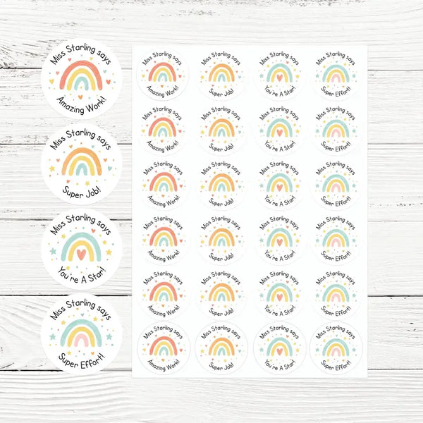 Personalised Teacher Reward Stickers – Hand-Drawn Pastel Rainbow Classroom Praise Labels - Sticksy Prints Australia