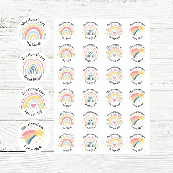 Personalised Teacher Reward Stickers Labels Pastel Rainbow & Shooting Star Set