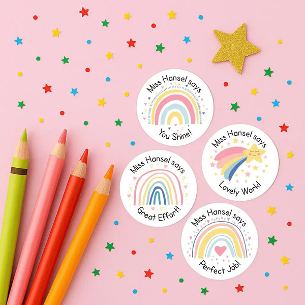 Personalised Teacher Reward Stickers Labels Pastel Rainbow & Shooting Star Set
