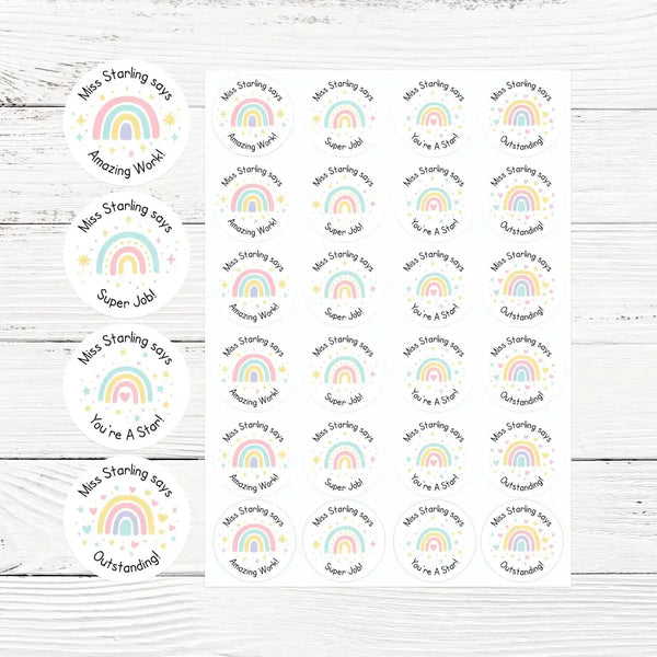 Personalised Teacher Reward Stickers – Pastel Rainbow Classroom Praise Labels Pack - Sticksy Prints Australia