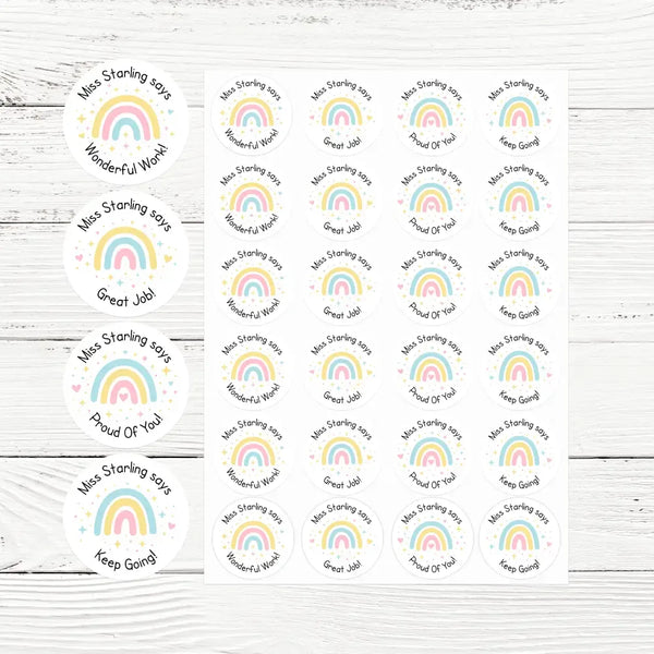 Personalised Teacher Reward Stickers – Pastel Rainbow Positive Classroom Labels - Sticksy Prints Australia