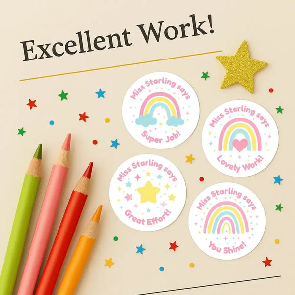 Personalised Teacher Reward Stickers – Pastel Rainbow & Star Classroom Motivation Labels - Sticksy Prints Australia