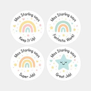 Personalised Teacher Reward Stickers – Pastel Rainbow & Star Classroom Praise Labels Set