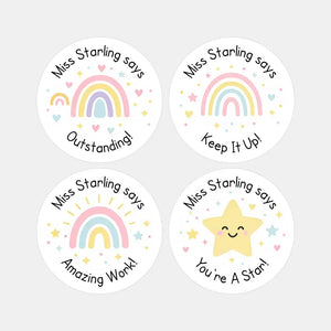 Personalised Teacher Reward Stickers – Pastel Rainbow & Star Classroom Praise Labels