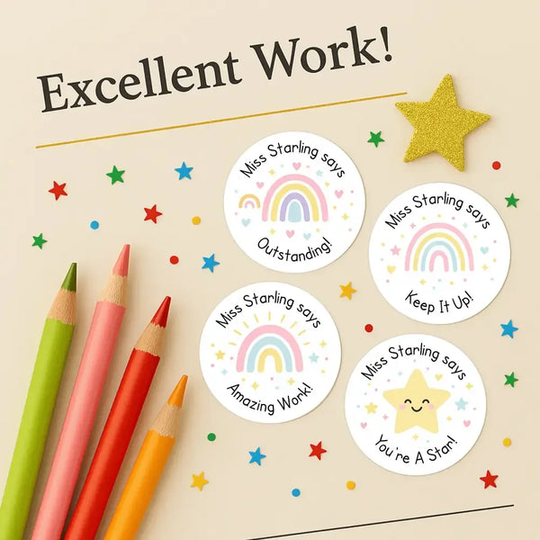 Personalised Teacher Reward Stickers – Pastel Rainbow & Star Classroom Praise Labels - Sticksy Prints Australia