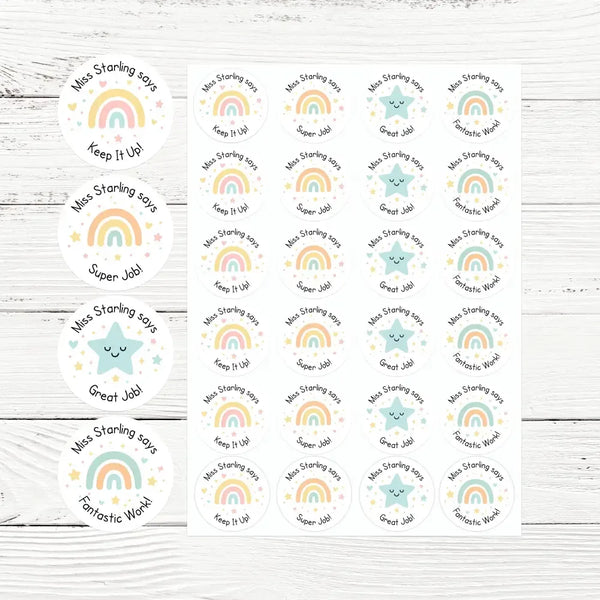 Personalised Teacher Reward Stickers – Pastel Rainbow & Star Classroom Praise Labels Set - Sticksy Prints Australia