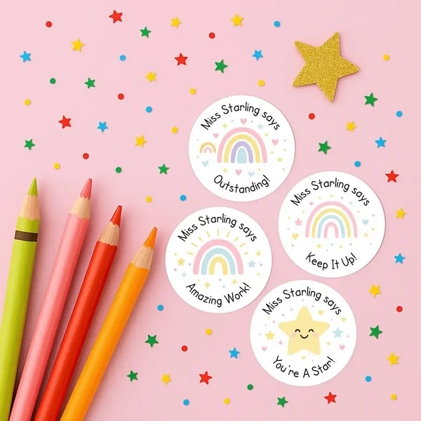 Personalised Teacher Reward Stickers – Pastel Rainbow & Star Classroom Praise Labels - Sticksy Prints Australia