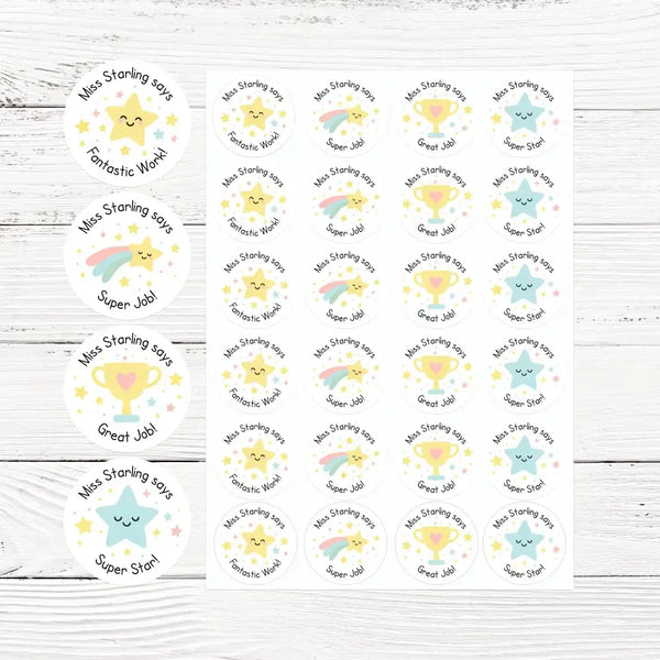 Personalised Teacher Reward Stickers – Pastel Star, Trophy & Shooting Star Classroom Praise Labels - Sticksy Prints Australia