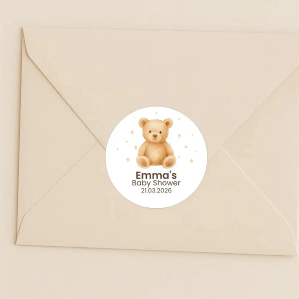 Personalised Teddy Bear Baby Shower Stickers – Neutral Beige Watercolour Favour Labels - Sticksy Prints Australia