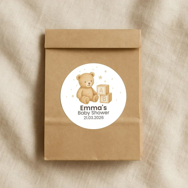 Personalised Teddy Bear Baby Shower Stickers with ABC Blocks – Neutral Beige Watercolour Favour Labels - Sticksy Prints Australia