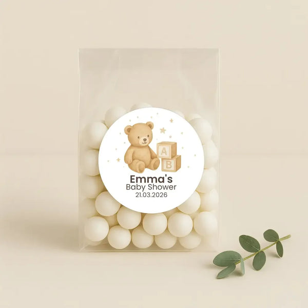 Personalised Teddy Bear Baby Shower Stickers with ABC Blocks – Neutral Beige Watercolour Favour Labels - Sticksy Prints Australia