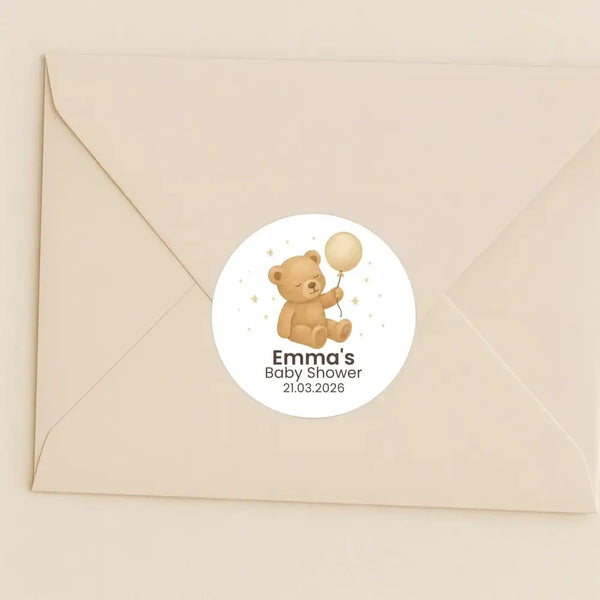 Personalised Teddy Bear Baby Shower Stickers with Balloon – Neutral Beige Watercolour Favour Labels - Sticksy Prints Australia