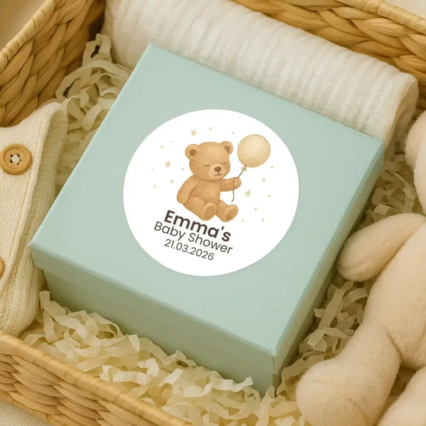 Personalised Teddy Bear Baby Shower Stickers with Balloon – Neutral Beige Watercolour Favour Labels - Sticksy Prints Australia