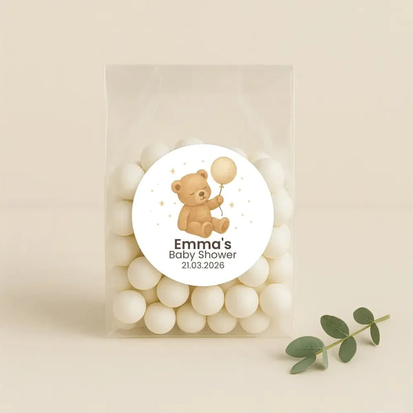 Personalised Teddy Bear Baby Shower Stickers with Balloon – Neutral Beige Watercolour Favour Labels - Sticksy Prints Australia