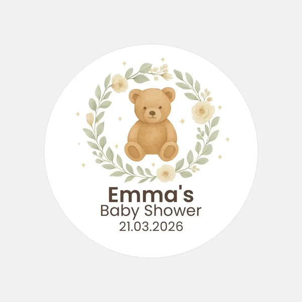 Personalised Teddy Bear Baby Shower Stickers with Floral Greenery Wreath – Neutral Watercolour Favour Labels - Sticksy Prints Australia