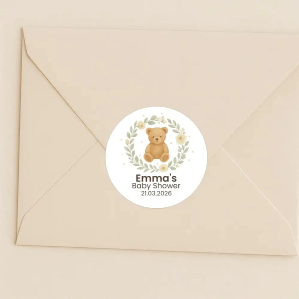 Personalised Teddy Bear Baby Shower Stickers with Floral Greenery Wreath – Neutral Watercolour Favour Labels - Sticksy Prints Australia