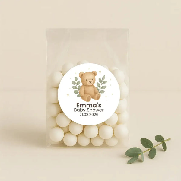 Personalised Teddy Bear Baby Shower Stickers with Greenery – Neutral Watercolour Favour Labels - Sticksy Prints Australia