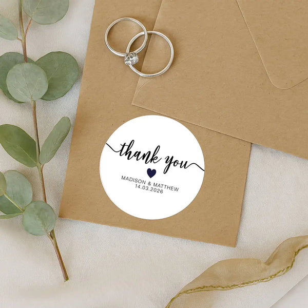 Personalised Thank You Wedding Stickers – Classic Script with Navy Heart