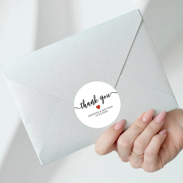 Personalised Thank You Wedding Stickers – Classic Script with Red Heart